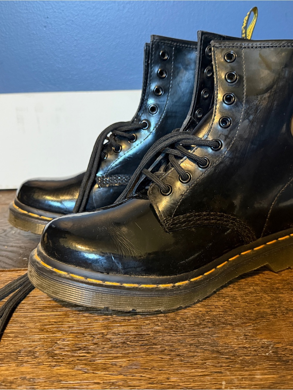 Dr. Martens 1460 Black Patent Leather Combat Boots with Yellow Stitching
